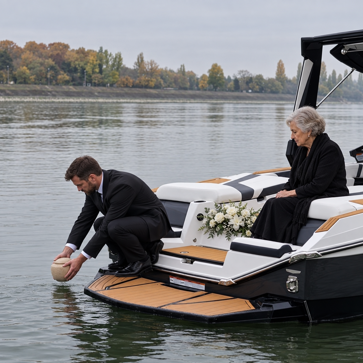Hozzátartozó a Nautique tatjának fürdőplatformjáról biztonságosan lehajolva helyezi vízbe az urnát